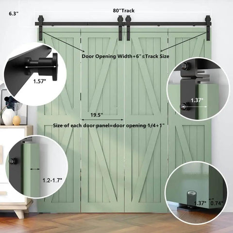 Heavy Duty Bi Folding Barn Door Hardware Kit For Double Doors with 80-inch Matte Black track, shown installed on green doors