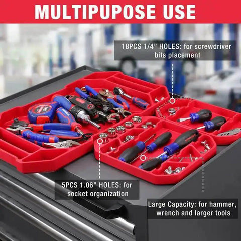 Red trays from 5-Piece Non-Slip Tool Tray Set With Silicone Tool Mats And Magnetic Parts Trays For Easy Garage Workshop Organization Holds Hammers Screwdrivers Pliers And Small Parts Securely, showing tool organization features.