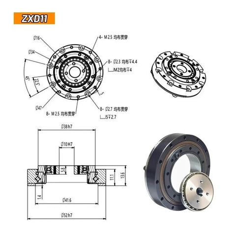 ZXD11 Mini Harmonic Drive Reducer for Precision Motion Control, 50 to 1 Gear Ratio, engineering drawings and side view of gearbox