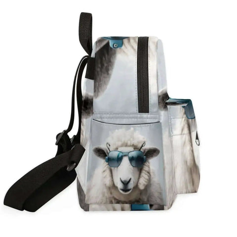 Side view of Mini Backpack Purse For Women With Adjustable Straps, Cute Sheep Print Small Daypack, ideal for daily use.
