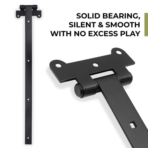 24 Inch Black T Strap Gate Hinges Set - Heavy Duty 2 Pack with 14 Mounting Screws, close-up of black powder coated iron hinge