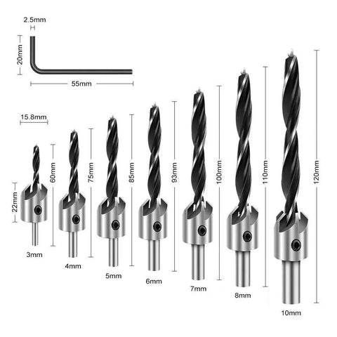 7 Piece Countersink Drill Bit Set For Wood High Speed Steel Bits With Centering Three Point Design And Five Edged Chamfer