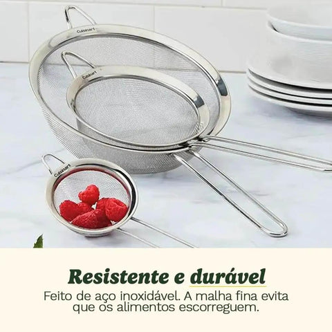 Three Piece Stainless Steel Mesh Strainer Set With Fine Mesh For Sifting, Straining, And Draining In The Kitchen, on counter