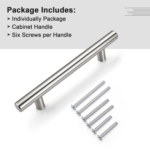 30 Pack 3-3/4 Inch Hole Center Cabinet Pulls Brushed Nickel Stainless Steel Kitchen Cabinet Handles 6 Inch Overall Length 1/2 Inch Diameter 1-1/4 Inch Projection Includes 1 In 1-2/5 In and 1-3/4 In Screws for Easy Cabinet and Drawer Installation with included screws visible