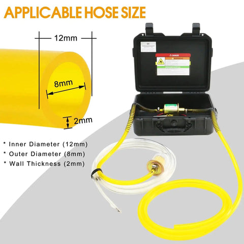 Portable 12V Fuel Transfer Pump Kit With 30 GPH Flow For Cars Boats And Heavy Equipment, includes carrying case and yellow hose.