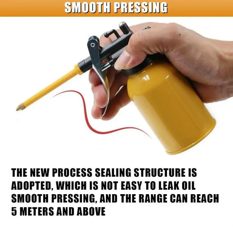 Hand holding Metal Oil Can With Straight And Flexible Spout 250ml Pistol Pump Oiler For Cars Bikes And Machines