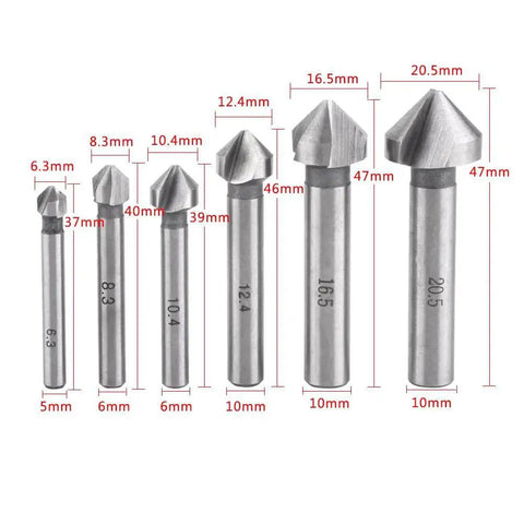 Front view of Six Piece HSS Countersink Bit Set With Round Shank 3 Flute Cutters for chamfering and deburring metal and wood