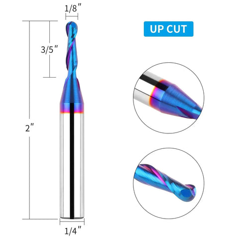 Carbide Ball Nose CNC Bit 1 Quarter Inch Shank 1 Eighth Inch Cutting Diameter End Mill Spiral Router Bit For Wood Carving And Engraving Nano Blue Coating Pro Grade By EANOSIC.