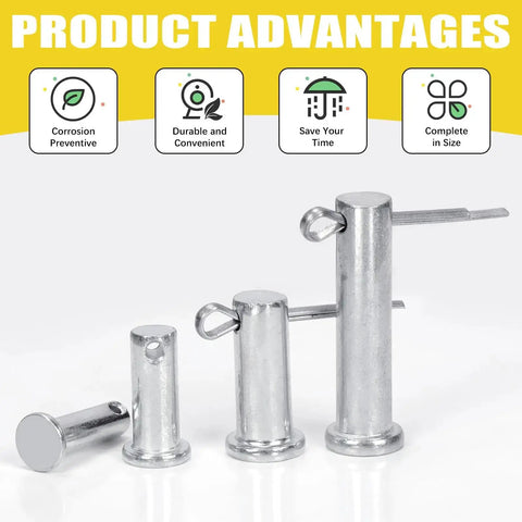 Clevis Pin Kit 51 Single Hole Flat Head Clevis Pins In 18 Sizes Plus 51 Random Size Split Cotter Pins Three Sixteenths Inch To One Half Inch Zinc Plated Carbon Steel Easy Storage In Plastic Organizer Box Great For Garage Use Total 102 Pieces with product advantages shown.
