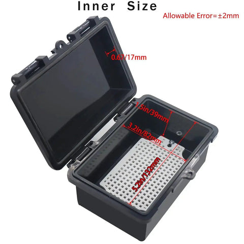 Open IP67 Waterproof Junction Box with Hinged Black Cover, ABS Project Box, inner dimensions labeled, ideal for electronics.