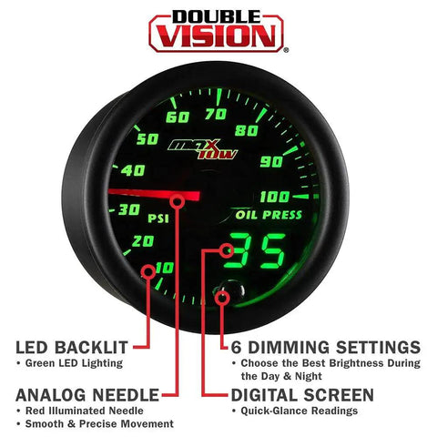 Double Vision 100 PSI Oil Pressure Gauge Kit With Electronic Sensor For Trucks, 52 mm Black Face, Green LED, Analog and Digital Display