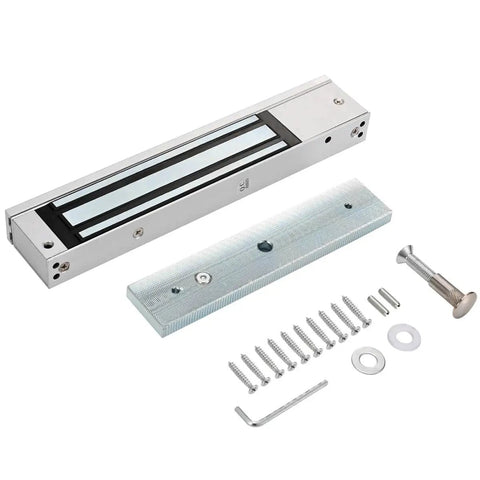 Heavy Duty Magnetic Lock With 600 Lbs Holding Force For 12V Access Control; silver aluminum lock and mounting hardware visible