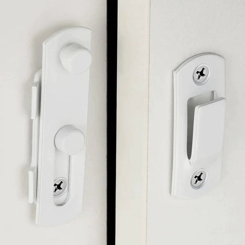 Two Pack White Stainless Steel Barn Door Latches For Gate And Sliding Doors Flip Bi-Fold Lock Antique Style Suitable For Wine Cabinets And Closets Durable Rust-Resistant Finish Small White Size installed view