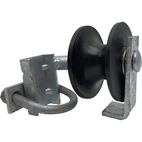 Chain Link Nylon Gate Track Wheel Rollers For Two Inch Gate Frames And One And Five Eighths Inch Track Pipes Two Wheels With Safety Retainer Bracket For On Track Alignment And Smooth Gate Operation side view