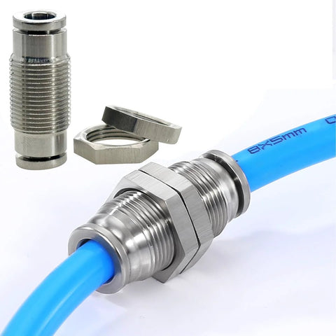 2-pack stainless steel bulkhead union push-to-connect fittings for 3/8" x 3/8" tubing with blue hose
