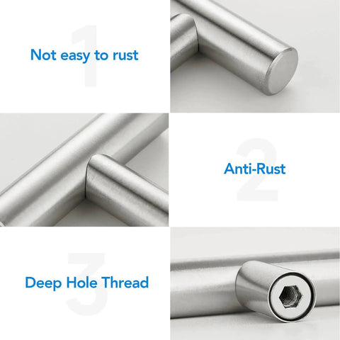 Features of Brushed Nickel Cabinet Handles 5 Inch Hole Spacing Stainless Steel Drawer Pulls including anti-rust and deep hole thread details.
