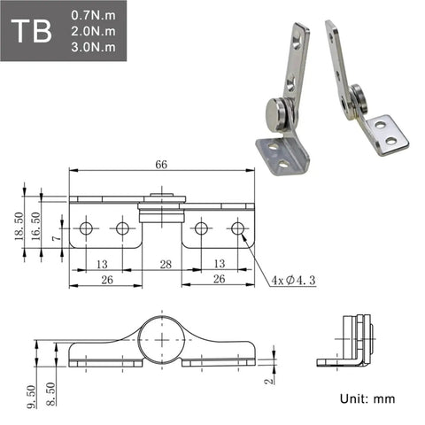 Front view of 304 stainless steel damping hinge with non-adjustable torque stop (TB-Right 0.7 N.m)