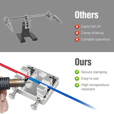 Comparison of soldering clamps showing an adjustable aluminum soldering clamp with ceramic jaw for secure, precise soldering.