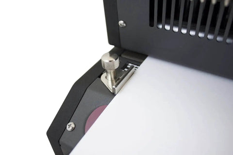 Close-up of All-In-One Electric Coil Binding Machine with Punch, Inserter and Crimper, showing metal construction and 13-inch punching length.