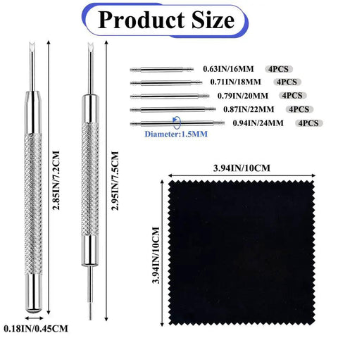 Heavy Duty Watch Band Pins Kit With 20 Spring Bars And Cleaning Cloth Pro Grade Replacement Pins And Link Removal Tool Includes Single And Double Ended Pin Punches For 16mm To 24mm Straps, with product sizes shown.