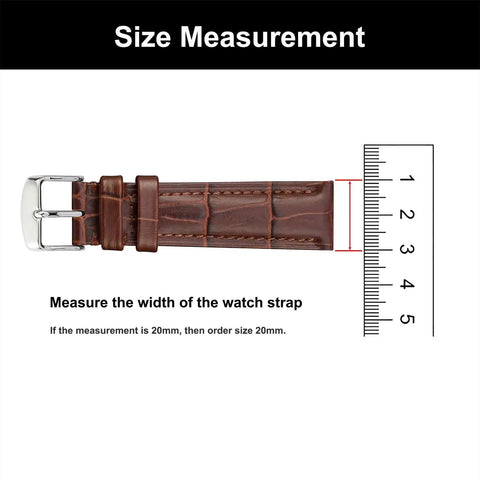 Watch strap size measurement guide with ruler next to brown watch band, showing how to measure for correct watch strap size.