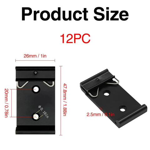 12 Pack Din Rail Mounting Clips One Point Oh Eight Inch Wide Snap In Universal Black Aluminum Alloy Relay Clips for 35mm Din Rail Switches and Injectors Durable Easy Install Great for Electrical Panels and Enclosures, two views with dimensions