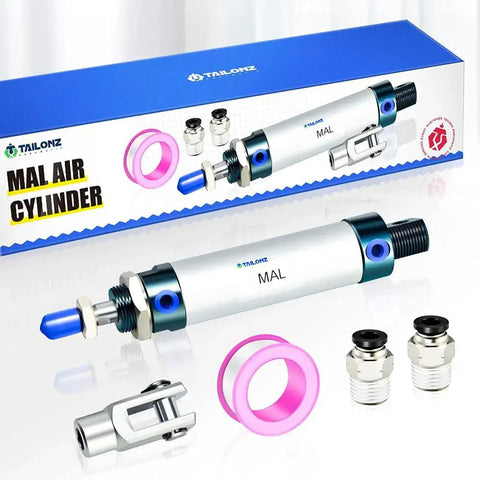 Tailonz MAL air cylinder, 25mm bore, 75mm stroke, front view, double-acting with Y-connector and 2x6mm fittings