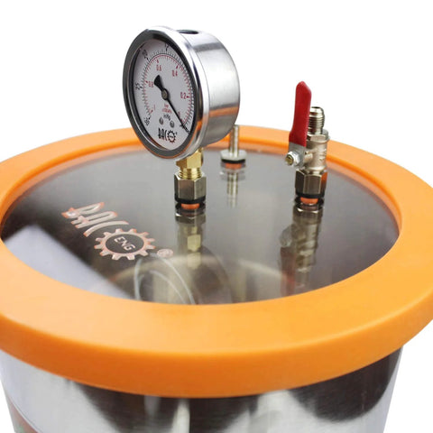 BACOENG resin trap vacuum degassing chamber, 3-Gallon, stainless steel with orange lid and gauge.