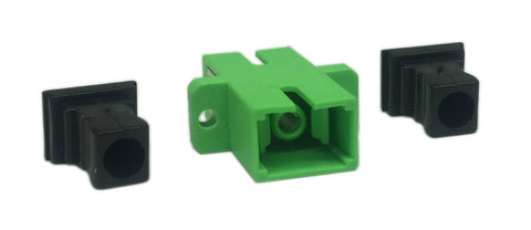 Green SC APC simplex female-to-female fiber optic panel-mount adapter with two black caps.