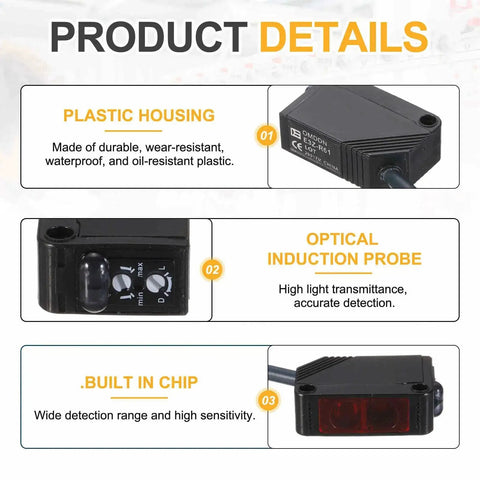 Photoelectric Sensor Kit 12-24V DC Pro Grade Specular Reflection Details Showing Plastic Housing and Optical Induction Probe