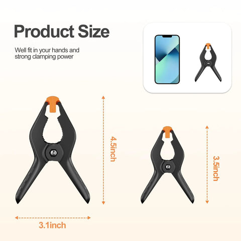 EMART 12-pack heavy-duty spring clamps, 4.5-inch plastic, black with orange jaw for backdrops, photography, crafts