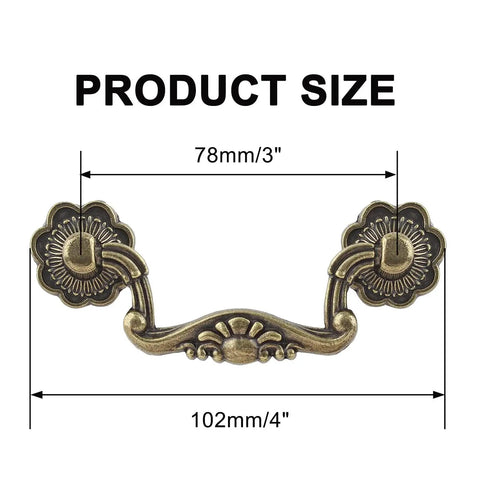 Six Piece Set Of Vintage Drop Bail Drawer Pulls In Antique Bronze Finish, 3 Inch Hole Spacing And 4 Inch Total Length with size dimensions