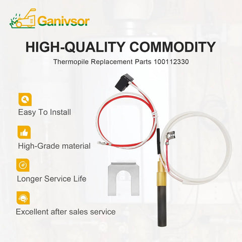 Ganivsor thermopile replacement part for water heaters, model 100112330, red/white leads and metal mounting clip.