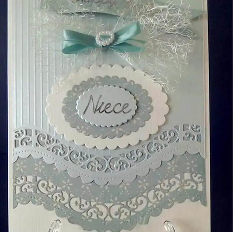 Handmade card with Vintage Lace Die Cuts 6 Piece Set With Wavy Border Edges featuring intricate lace design and decorative elements.