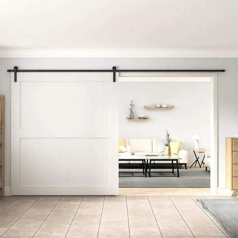 10 Foot Barn Door Hardware Kit For Single Sliding Door Heavy Duty Black Carbon Steel Track And J Shape Rail Includes All Necessary Hardware For Quick Smooth Installation For A 65 Inch Closet Panel No Door installed in a living room