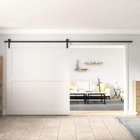 Black Straight Design Sliding Barn Door Hardware Kit for Single Wood Door installed in living room, track system visible.