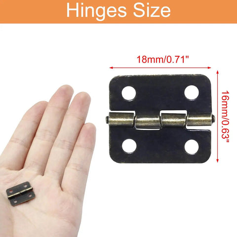 Hand holding 50 Pcs Mini Bronze Hinges Set for Jewelry Boxes and Small Cabinets 18x16mm Antique Bronze Decorative Hinges