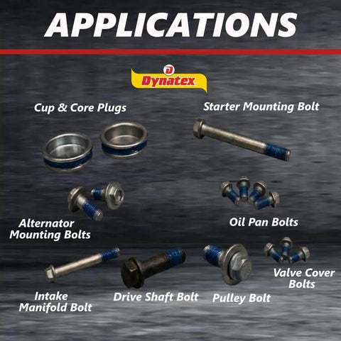 Applications for Blue Medium Strength Threadlocker Gel, 35Ml Pump Bottle, including cup and core plugs, starter mounts