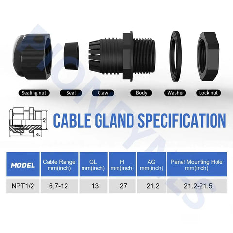 Diagram of 50Pcs Half Inch NPT Cable Glands Waterproof Adjustable 6 to 12mm Nylon PA66 With Gaskets IP68 Sealing Fittings.