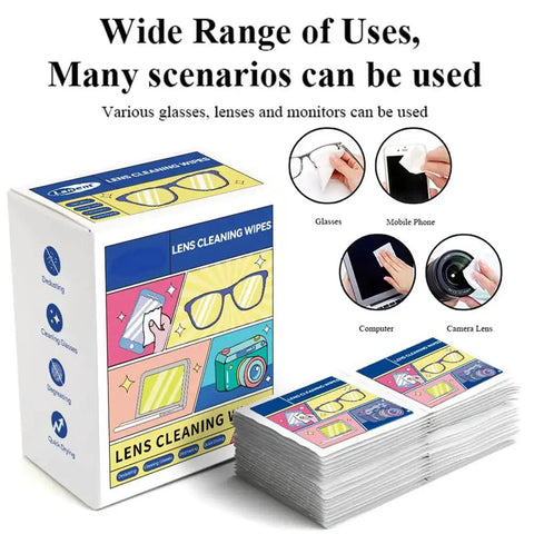 Pocket Lens Cleaning Wipes for Glasses and Screens, Quick Dry Non Streak Pack with images of usage scenarios on box