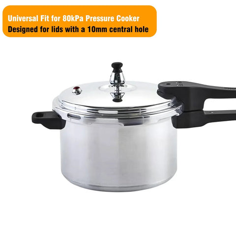 Stainless steel pressure cooker with black handles and chrome lid, featuring universal valve replacement with exhaust rod.