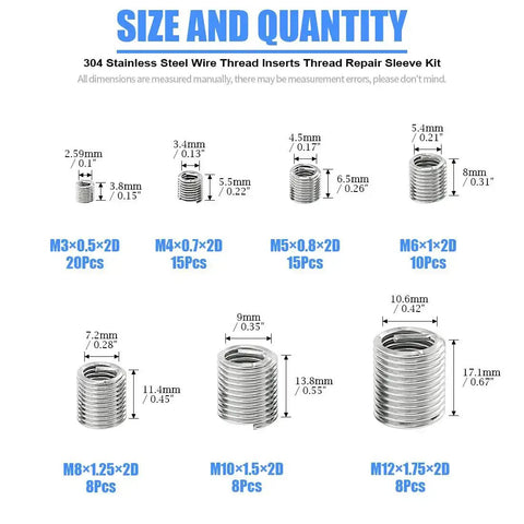 Stainless Steel Thread Inserts Kit 84 Pcs Set For Thread Repair M3 To M12 7 Sizes Helicoil Type Coiled Wire Sleeves 304