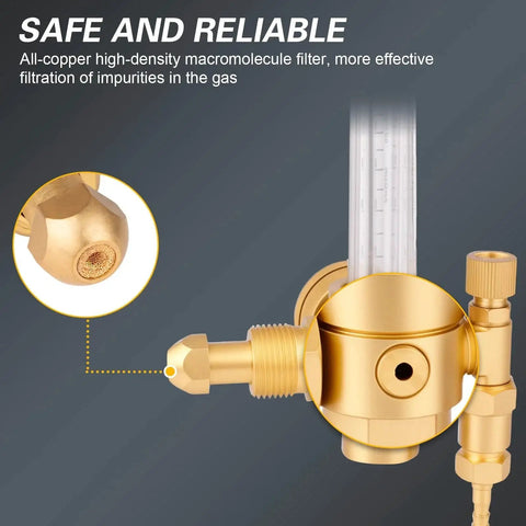 Close-up of Argon And CO2 Gas Regulator With CGA 580 Inlet for TIG and MIG Welding, showing all-copper filter for impurity filtration.
