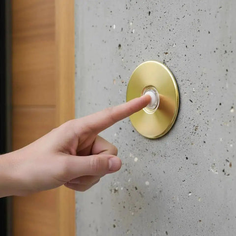 Hand pressing Lit Stucco Pushbutton Doorbell Button with Gold Rim Pearl Button 5/8 Inch Diameter on 2-1/2 Inch Aluminum Plate
