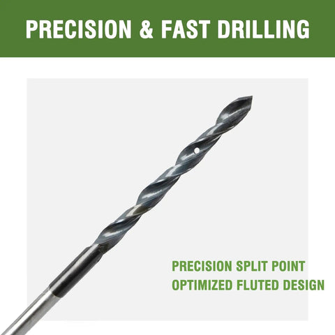 Close-up of Heavy Duty Installer Drill Bit Set For Wood With Nails One Quarter Inch By Eighteen Inch Two Pack High Carbon Steel