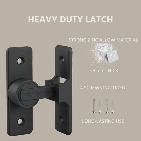 Side view of 90 Degree Zinc Alloy Barn Door Lock Latch, black, showing zinc alloy material, screws included for installation.