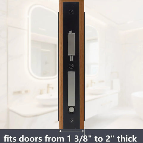 Zero Profile Pocket Door Lock Privacy Hardware With Flush Mount Pull Handle in matte black, shown on door edge in bathroom.