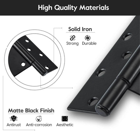 Detail view of 10 Inch T Strap Heavy Duty Shed Door Hinges Black with anti-corrosion matte finish and solid iron material description.