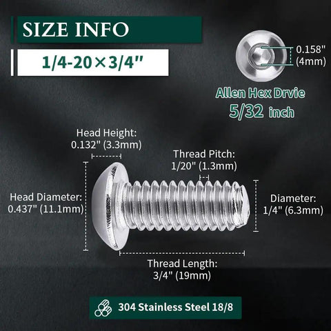 1/4-20 Button Head Socket Cap Bolts 3/4 Inch Stainless Steel 304 18-8 With Allen Hex Drive Bright Finish Heavy Duty Full Thread Pack Of 25 For Furniture Auto DIY Projects, showing detailed dimensions and hex drive size.