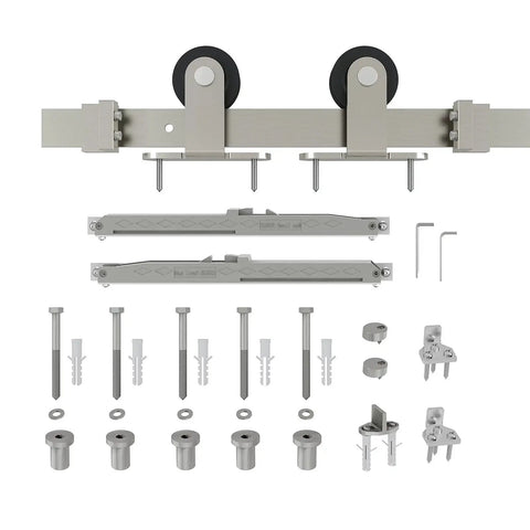 Brushed Nickel Sliding Barn Door Hardware Track Kit With Soft Close Heavy Duty Top Mounted Six Foot System components
